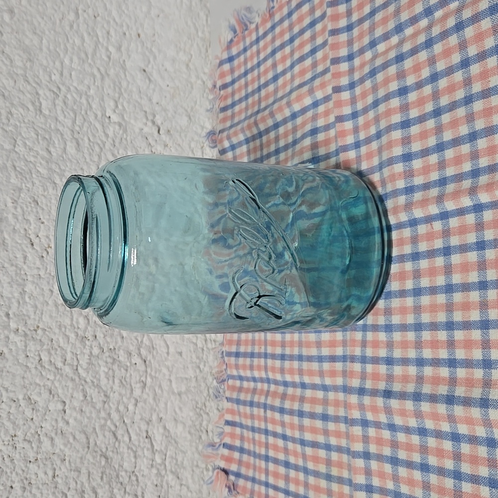 Antique Ball Cornflower Blue Aqua Glass Jar Embossed 1900s Bubble Seam Handmade